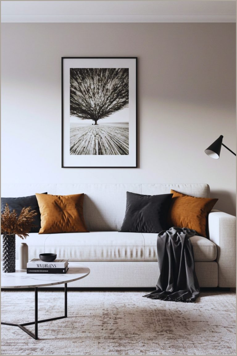 Modern Minimalist Living Room, Clean White Sofa, Black And Brown Velvet Pillows