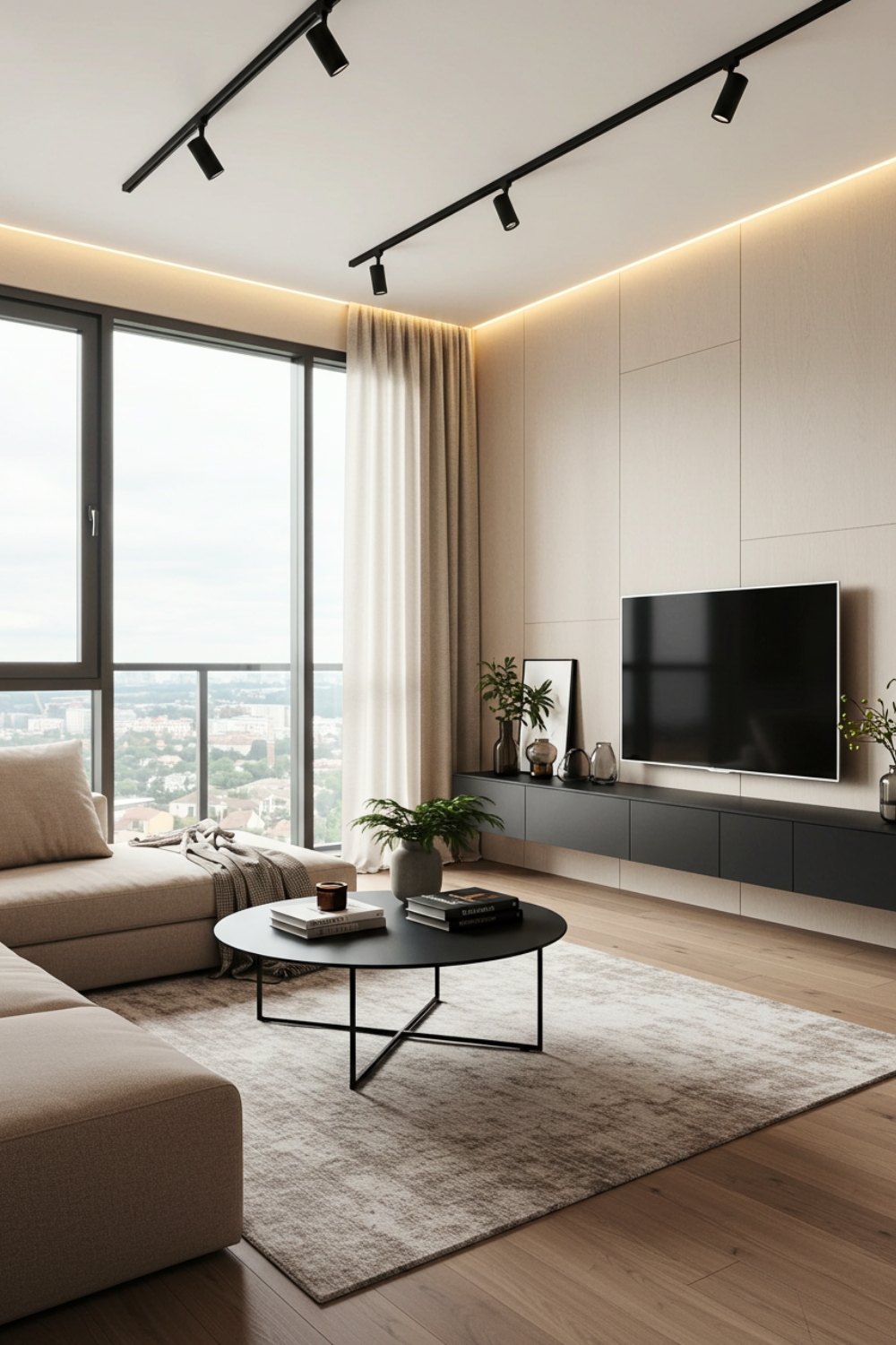 Modern Minimalist Living Room With Beige Sofa And Large Windows 
