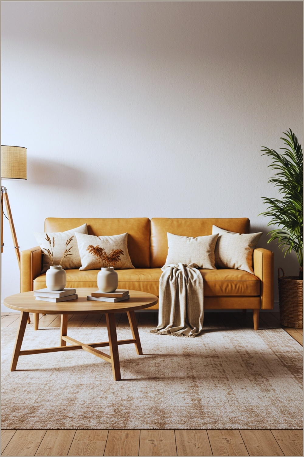 Modern Minimalist Living Room, Tan Leather Sofa With Neutral And Warm-toned Pillows
