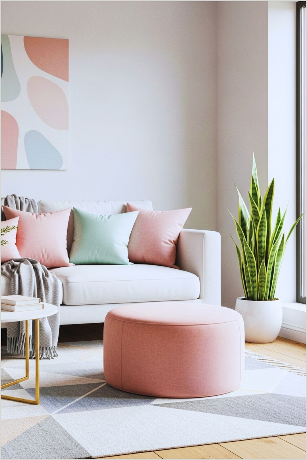 Modern Minimalist Living Room White Sofa Soft Pastel Pillows Gray