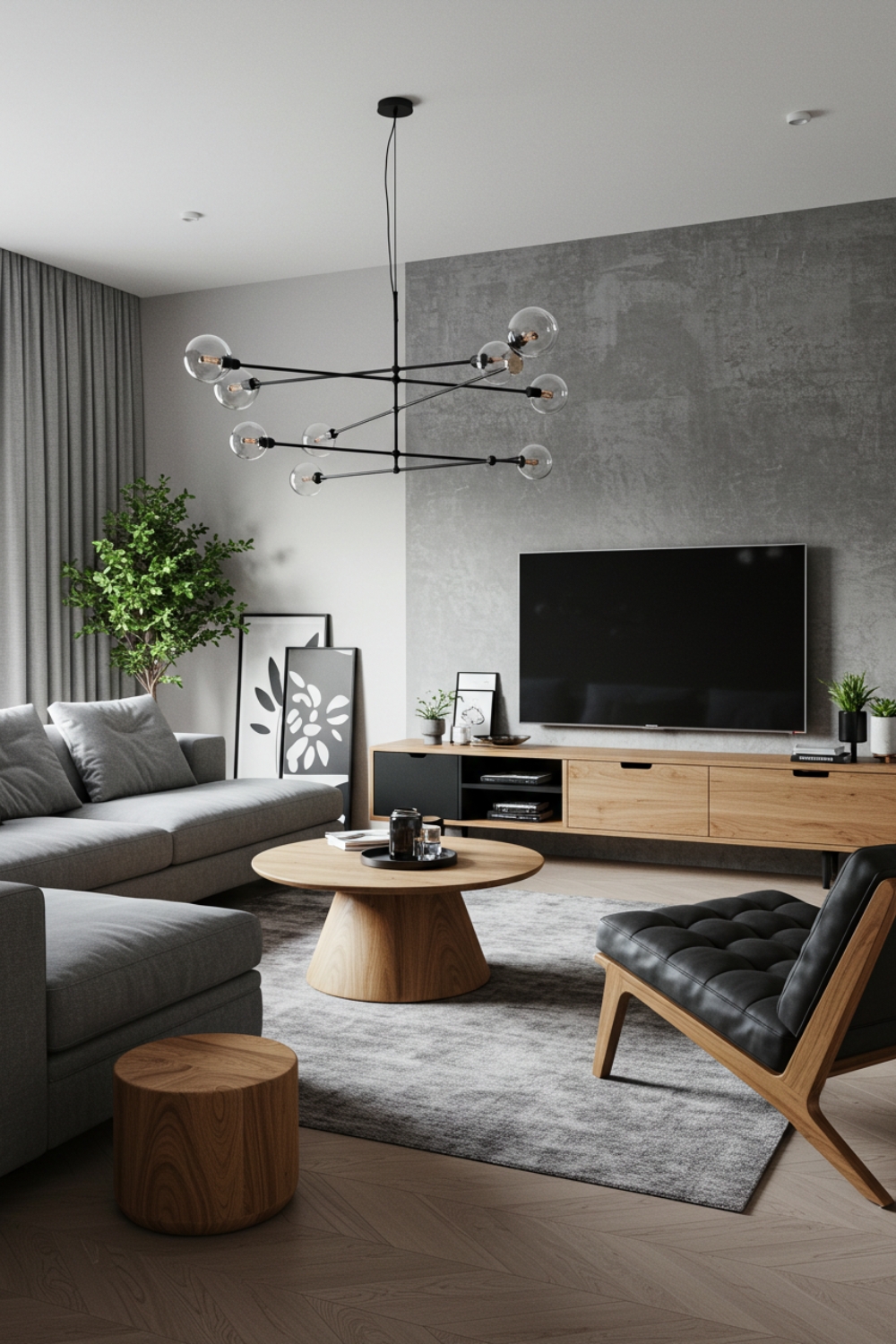 Minimalist Living Room With Gray Sofa And Wooden Table 