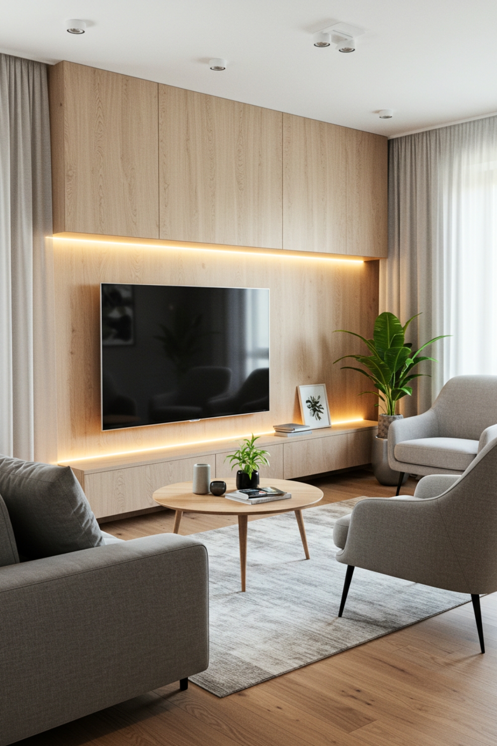 Minimalist Living Room With Gray Sofa And Wooden Coffee Table 