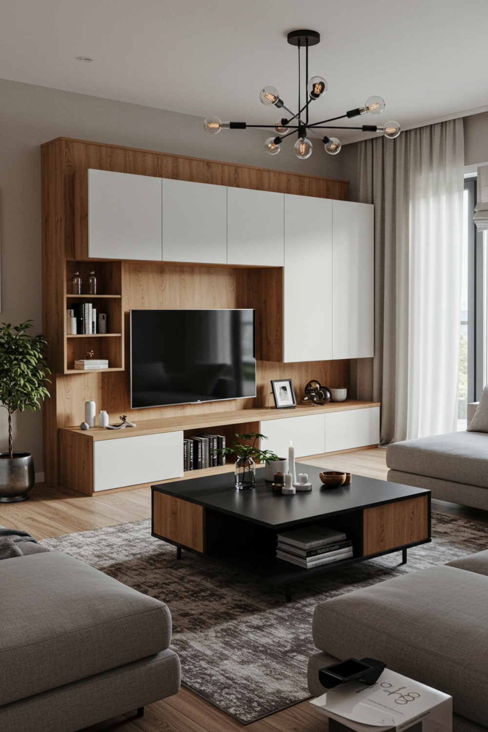 Minimalist Living Room With Wood Accents And Wall Unit 