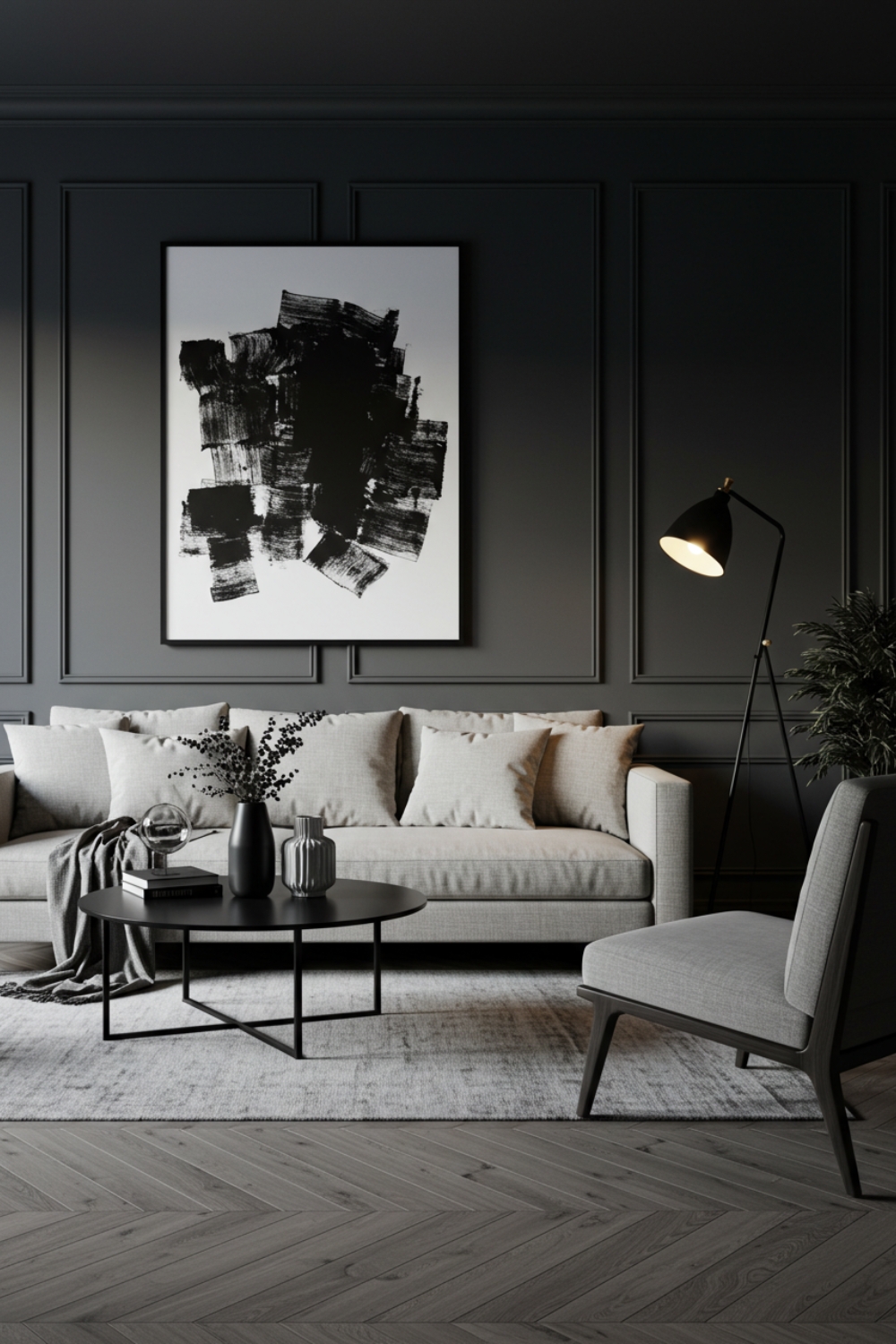 Monochrome Living Room With Dark Gray Walls 