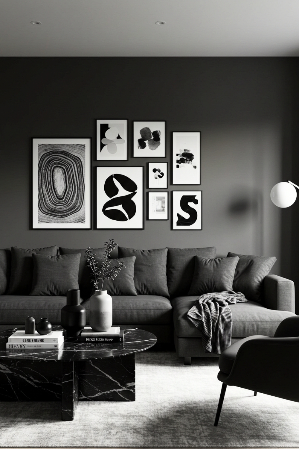 Modern Living Room With Gray Sectional And Black And White Art 