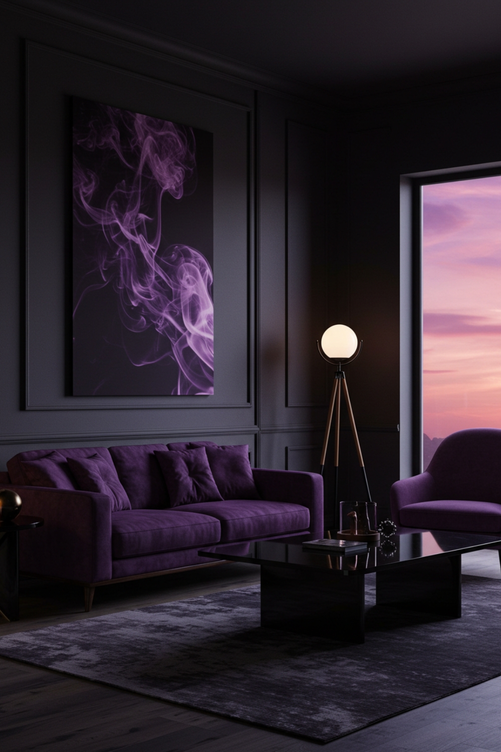 Moody Living Room With Purple Velvet Sofa And Matching Rug