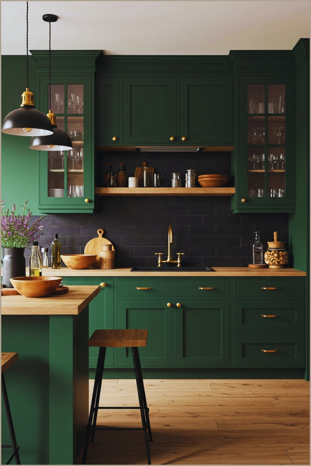Modern Rustic Kitchen With Deep Forest Green Cabinets Matte Black Backsplash