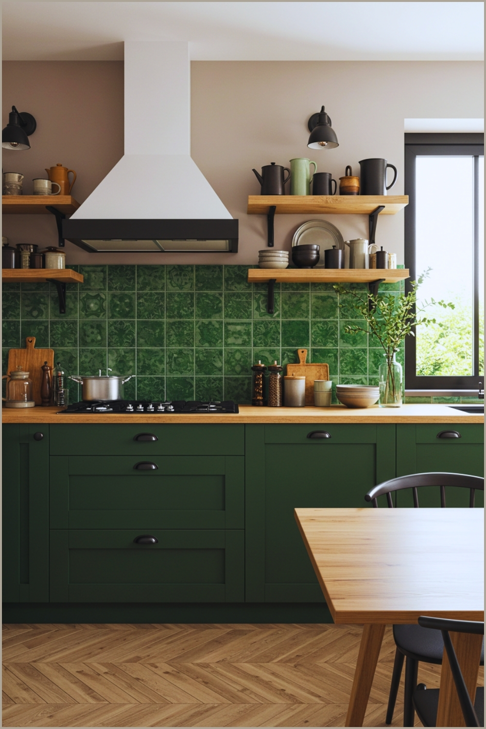 Modern Rustic Kitchen With Deep Green Lower Cabinets Black Handles
