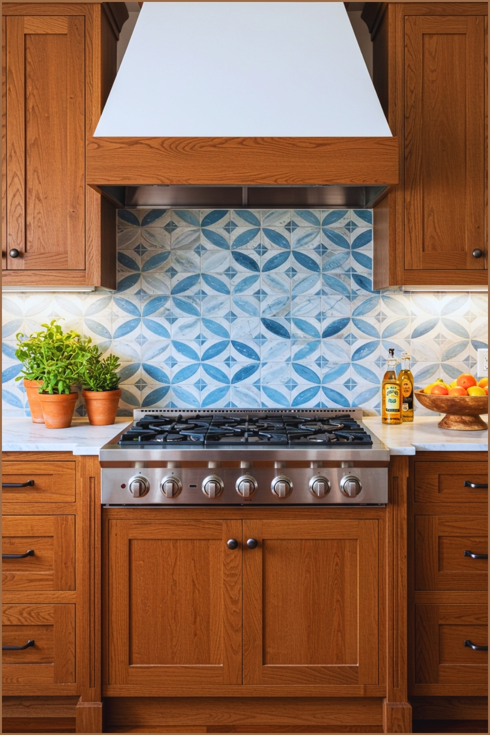 Modern Rustic Kitchen With Geometric Patterned Tile Backsplash In Blue And White