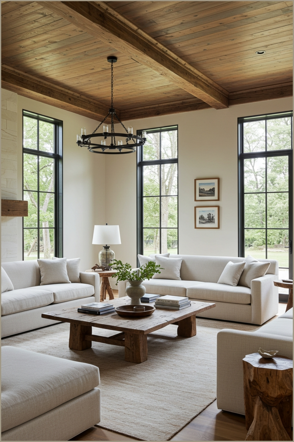 Modern Rustic Living Room With Coffered Wooden Ceiling, Large Windows