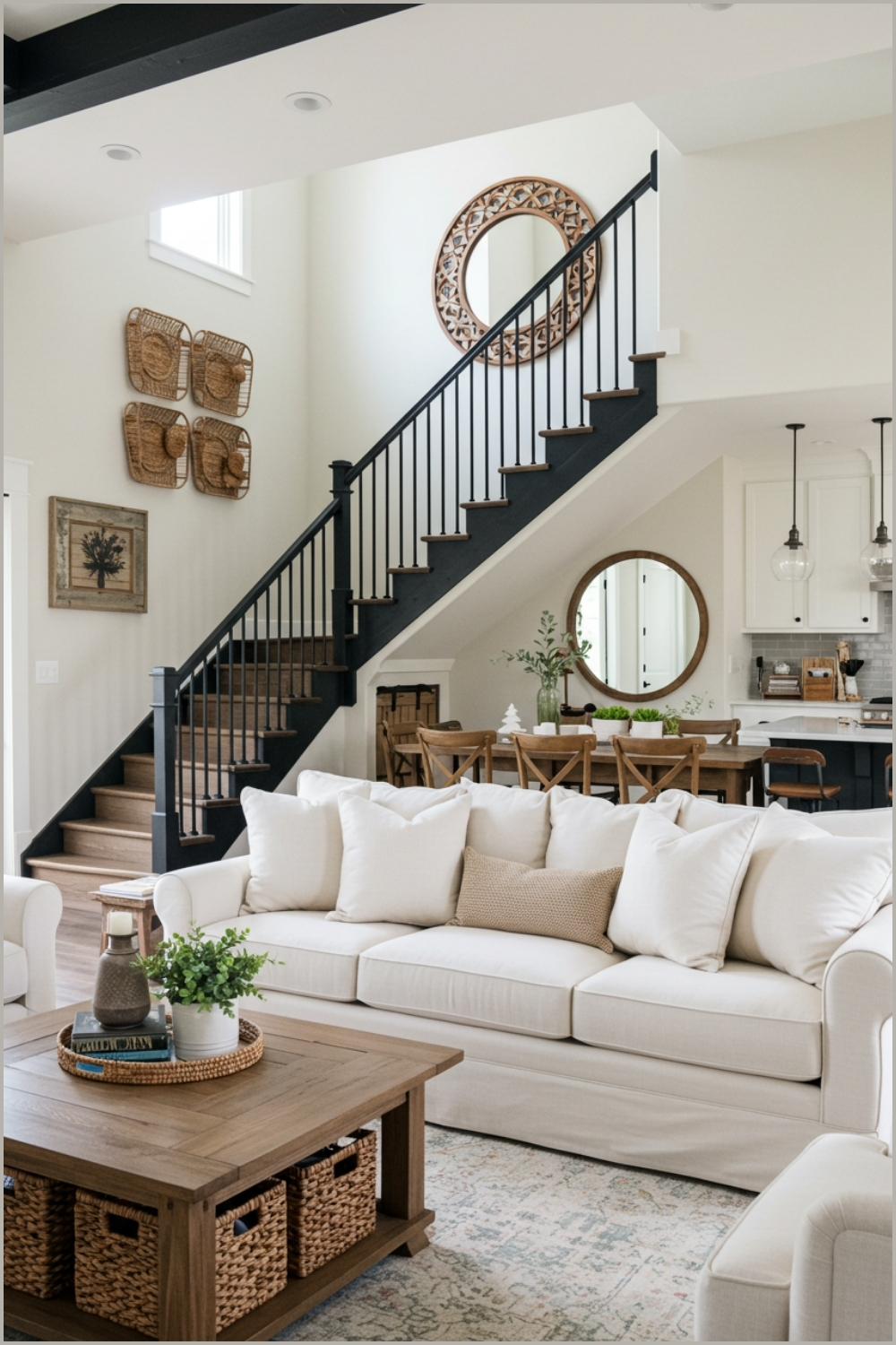 Modern Rustic Living Room With White Sofa, Black Iron Staircase Railing