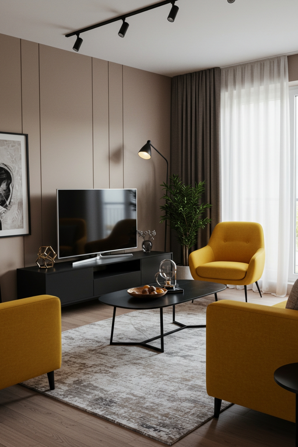Stylish Living Room With Mustard Sofa And Black Tv Console 