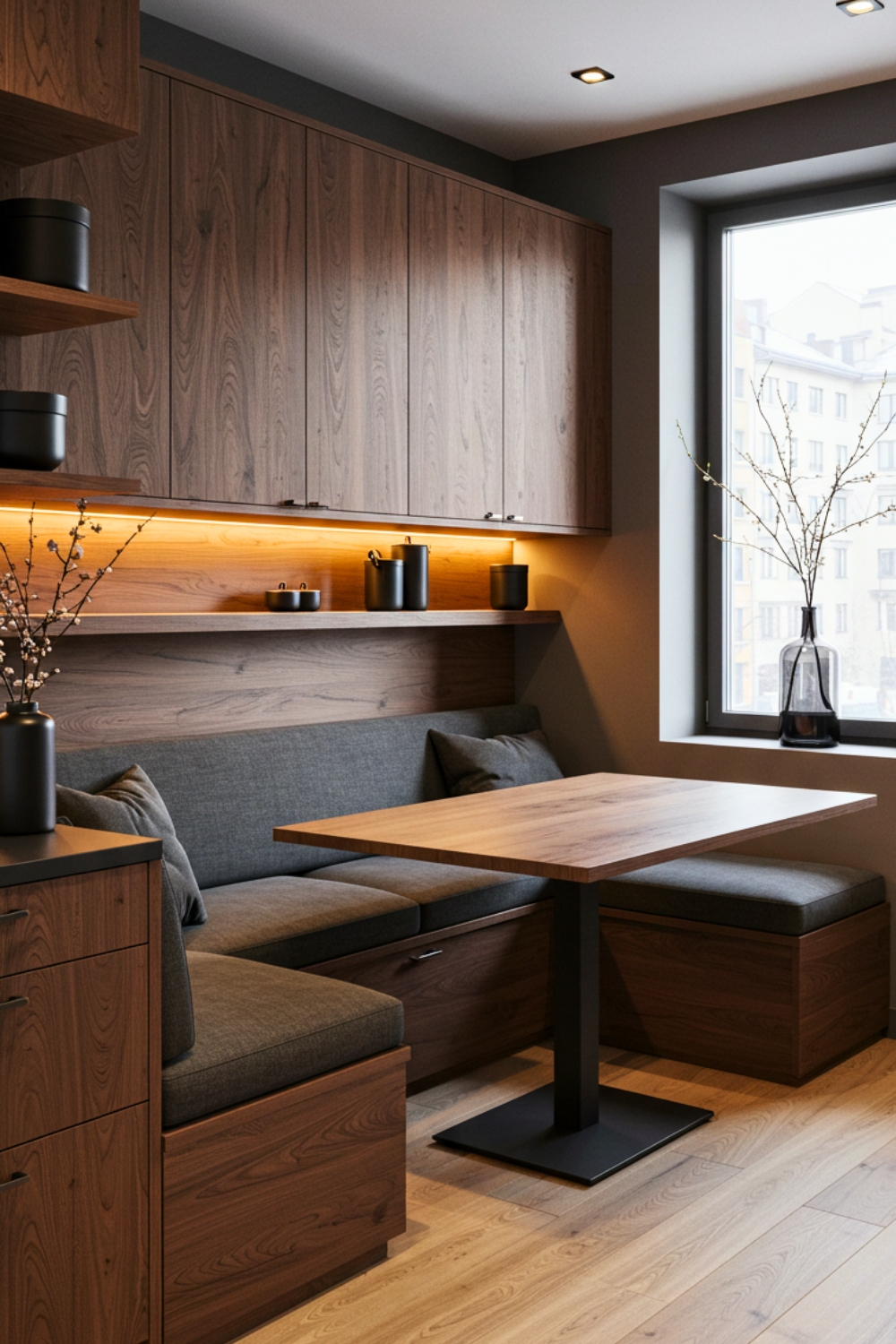 Modern Timber Clad Nook With Built In Banquette And Warm Under Cabinet