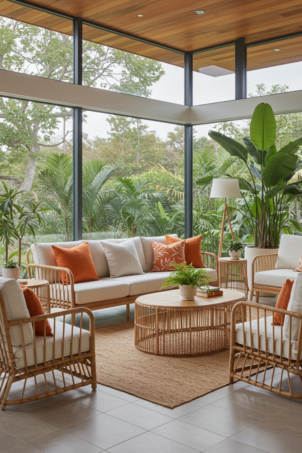 Tropical Living Room With Rattan Sofa And Big Windows
