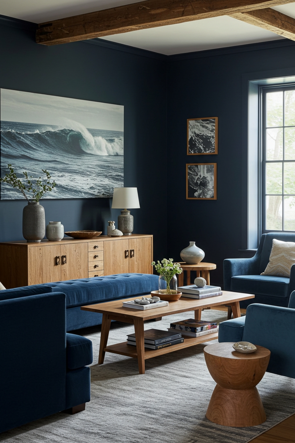 Coastal Living Room With Navy Walls And Ocean Wave Art 