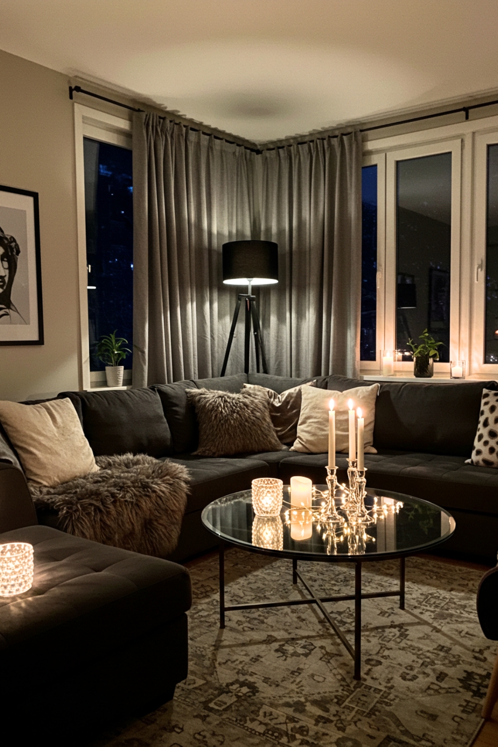 Cozy Living Room With Dark Sectional And Faux Fur Throw 