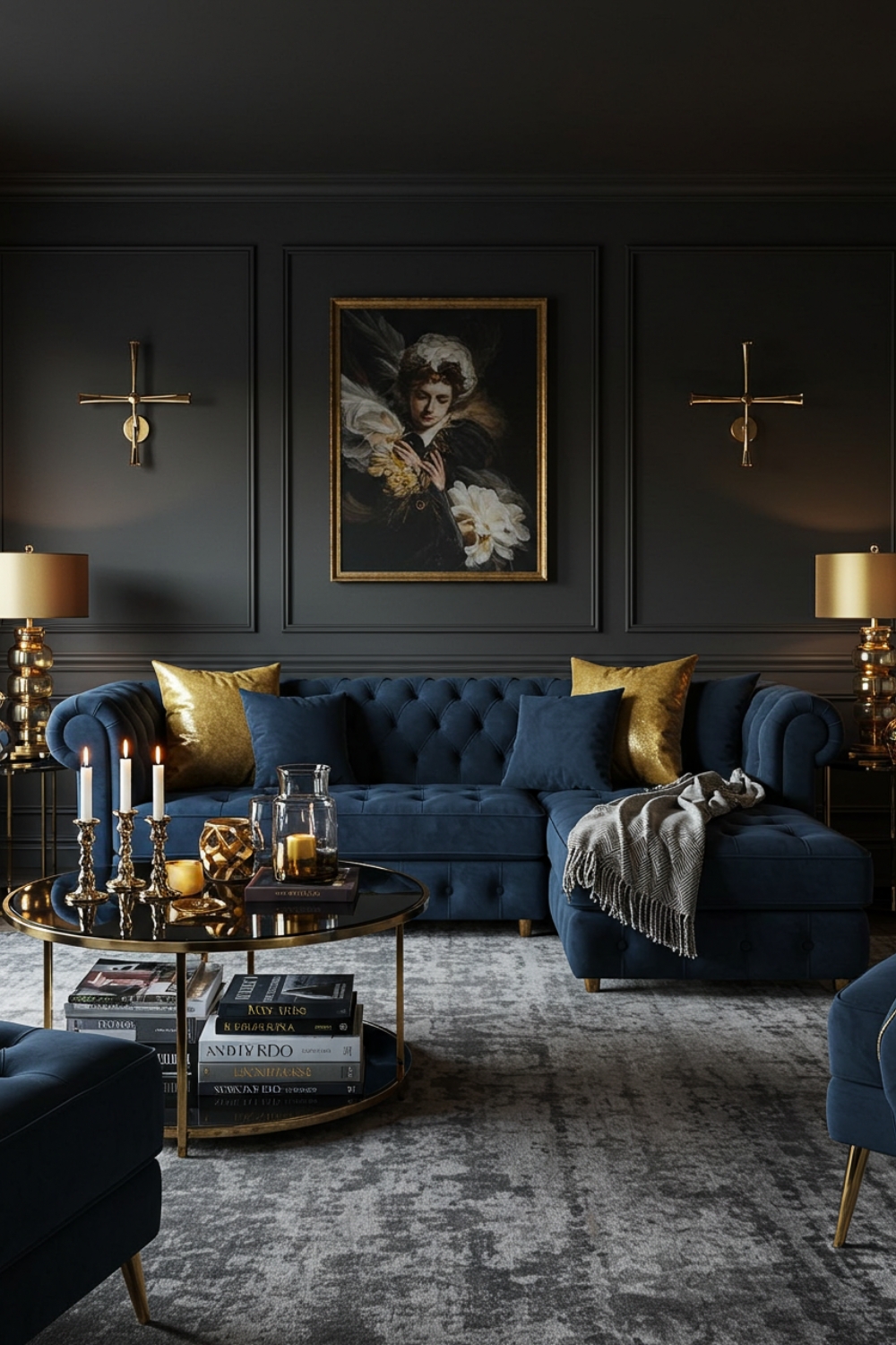 Moody Living Room With Navy Blue Velvet Sectional And Gold Pillows 