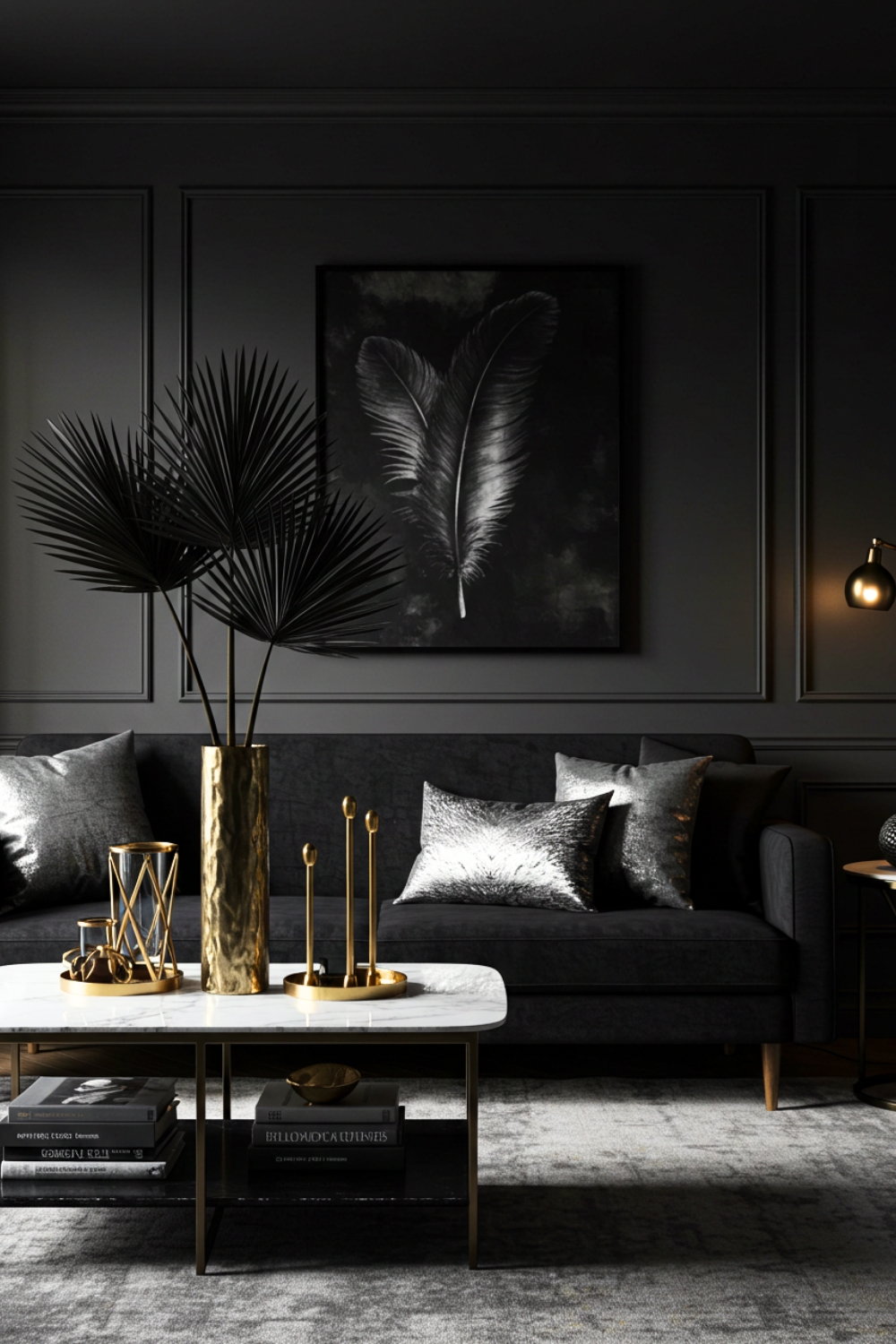 Moody Living Room With Charcoal Walls And Black Velvet Sofa 