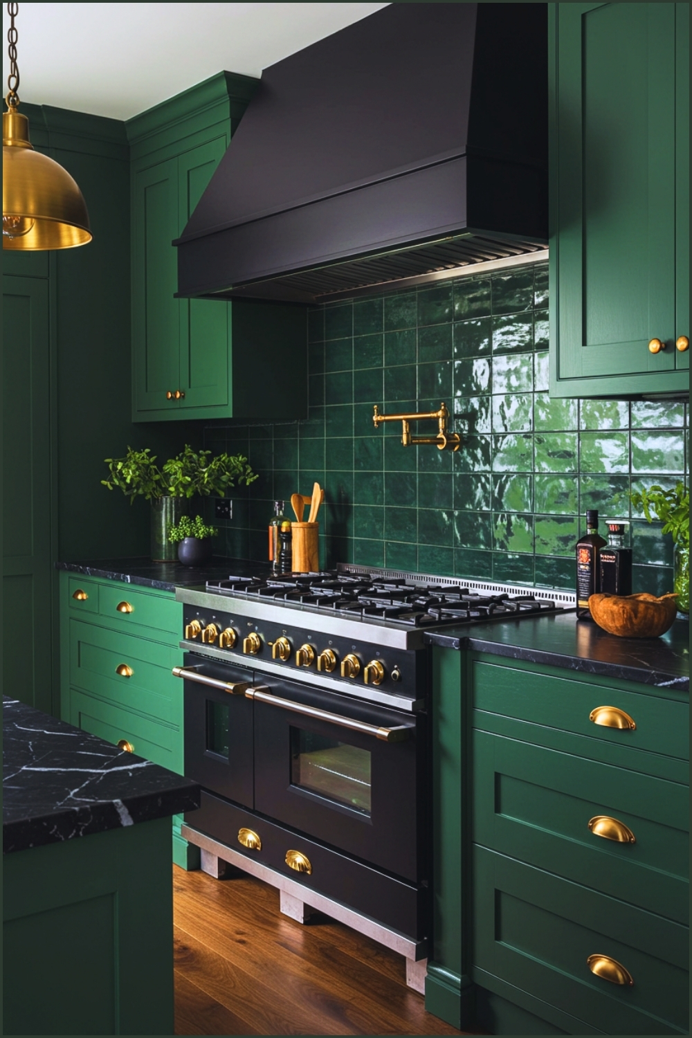 Moody Luxury Kitchen With Deep Green Cabinets Brass Handles Black Marble