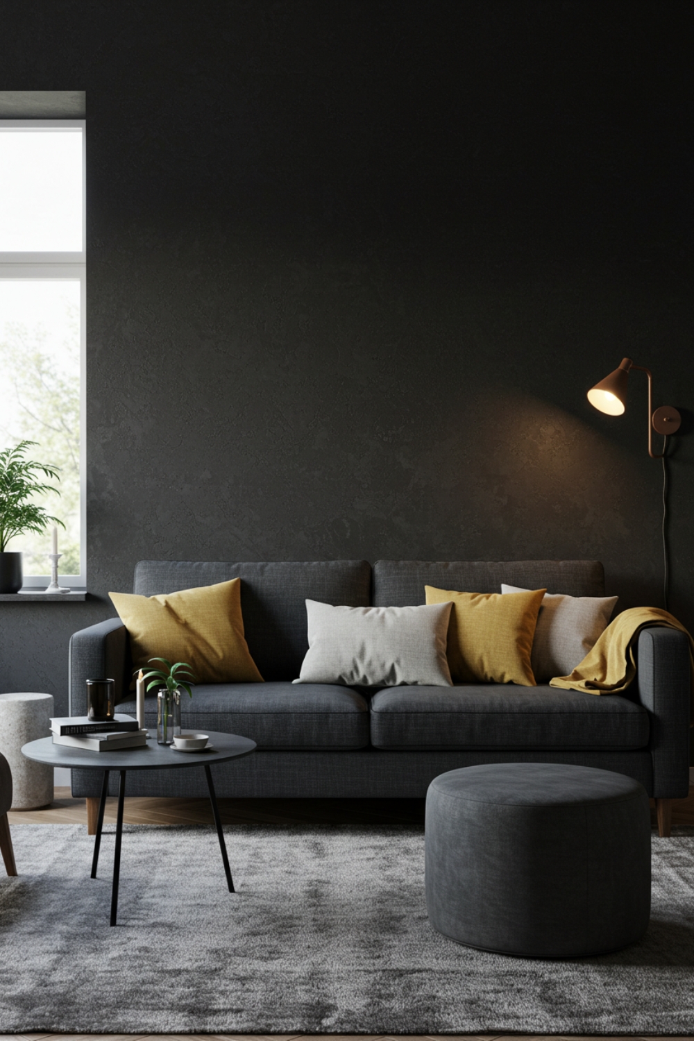 Minimalist Living Room With Dark Accent Wall And Charcoal Sofa 
