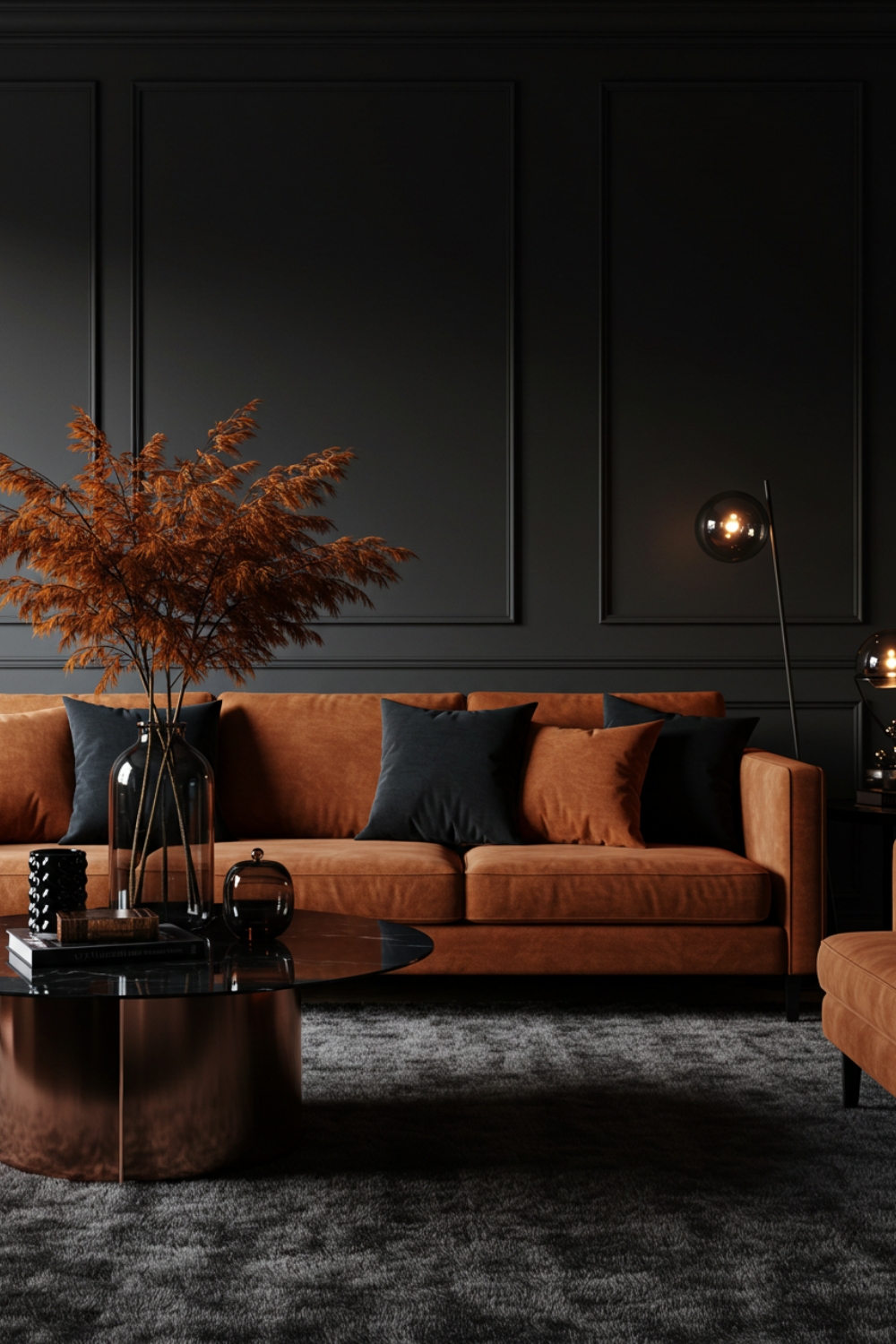 Modern Living Room With Charcoal Walls And Wall Panels 