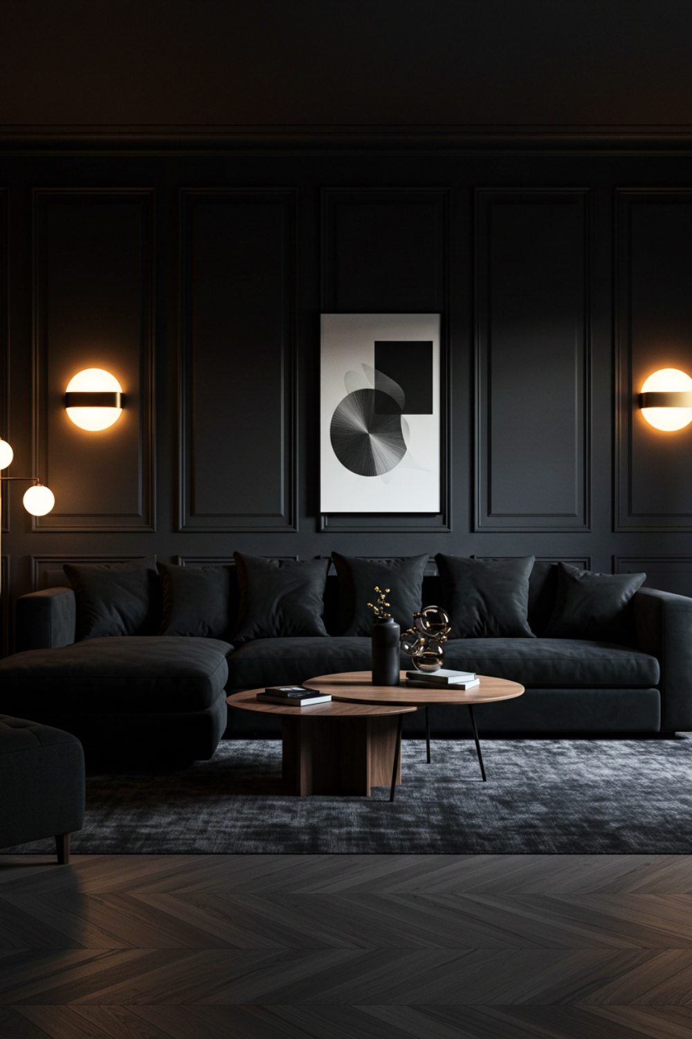 Moody Living Room With Paneled Walls And Black Velvet Sectional 