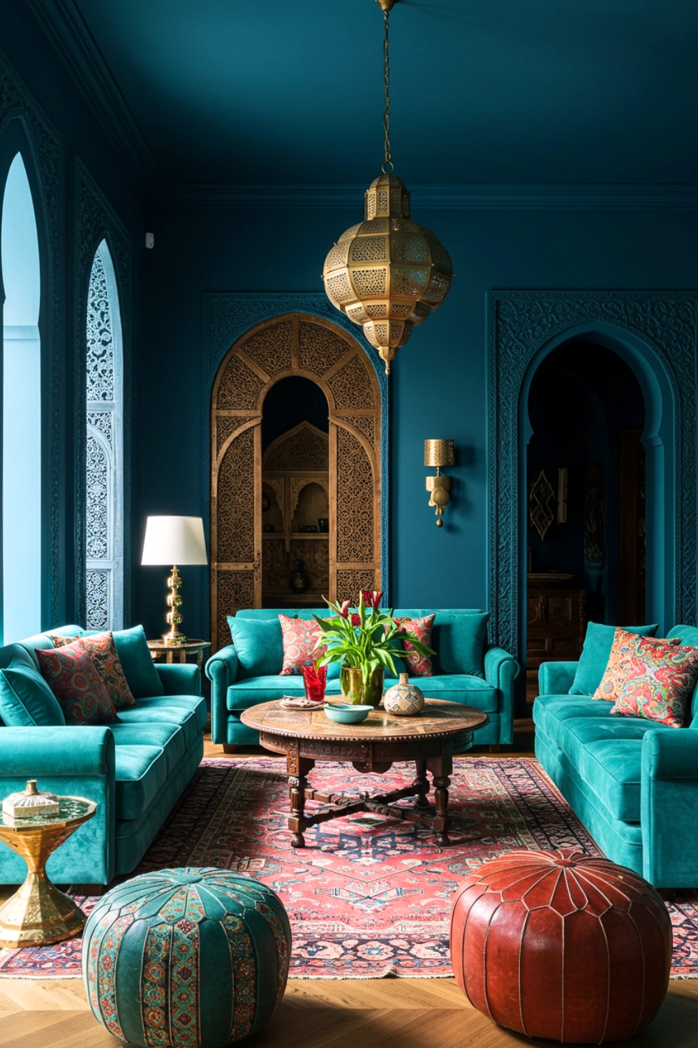 Moroccan Bohemian Living Room With Deep Blue Walls 