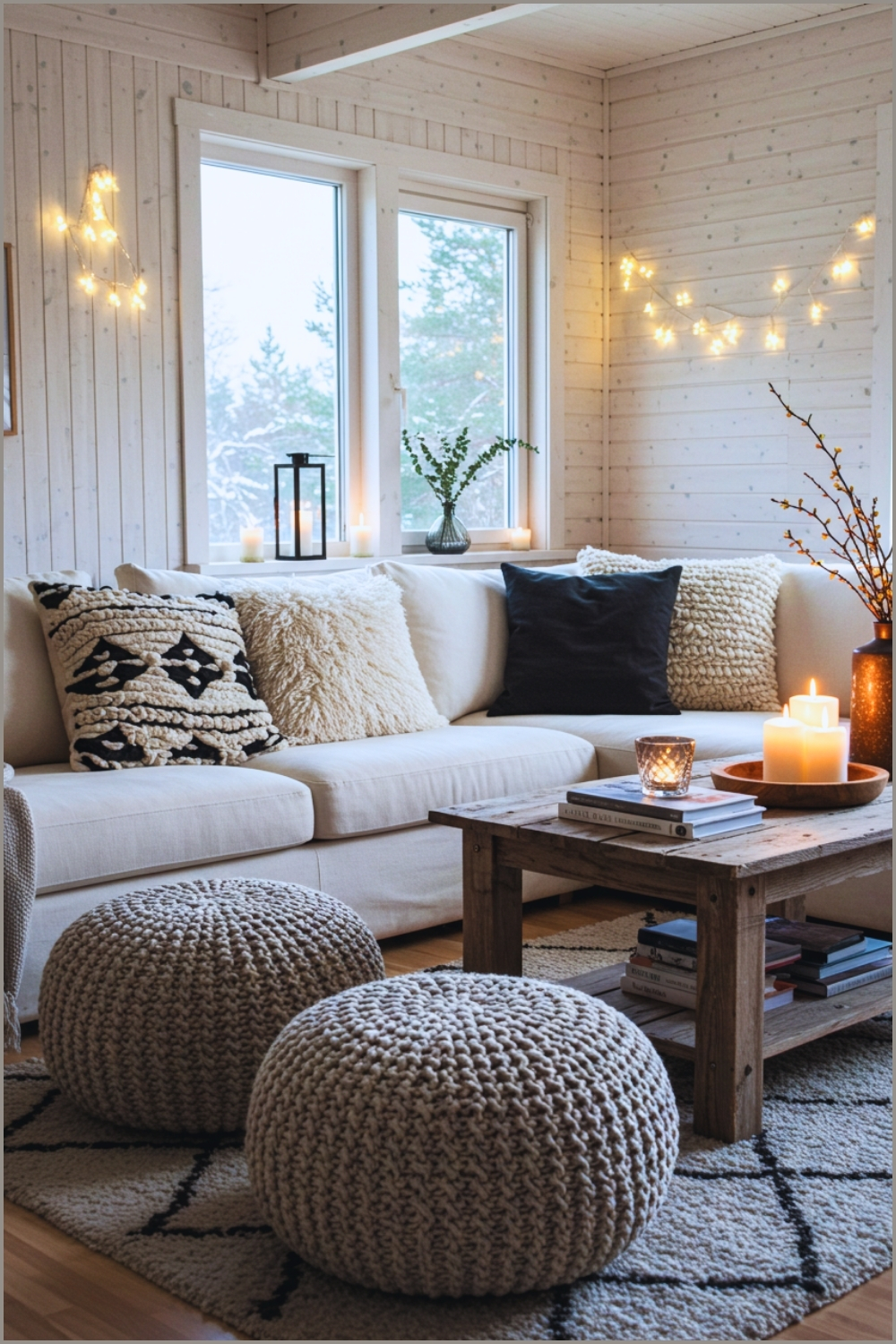 Nordic-inspired Cozy Living Room With White Sectional Sofa, Fluffy Textured Pillows