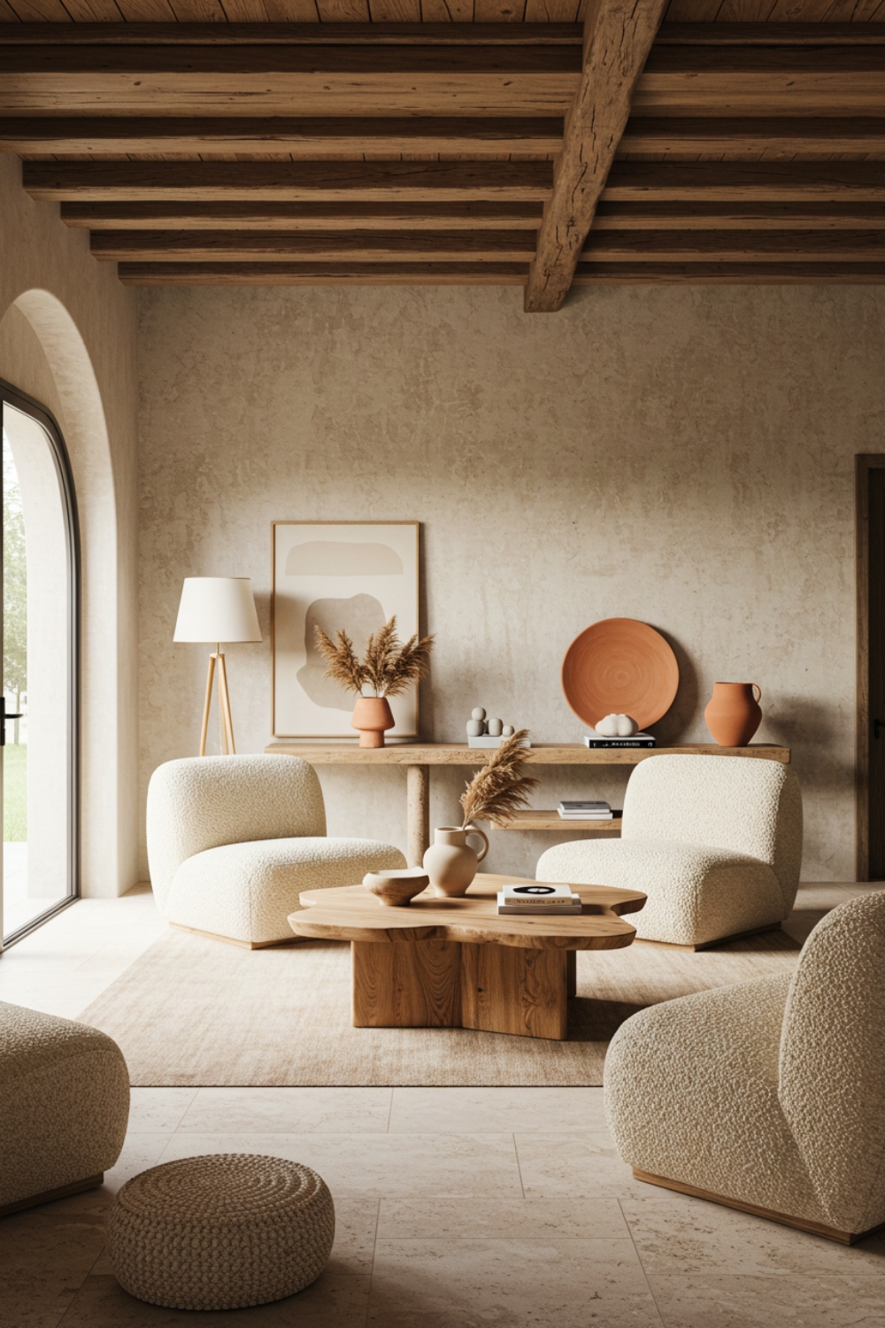 Organic Modern Living Room With Textured Plaster Walls And Arched Doorway 