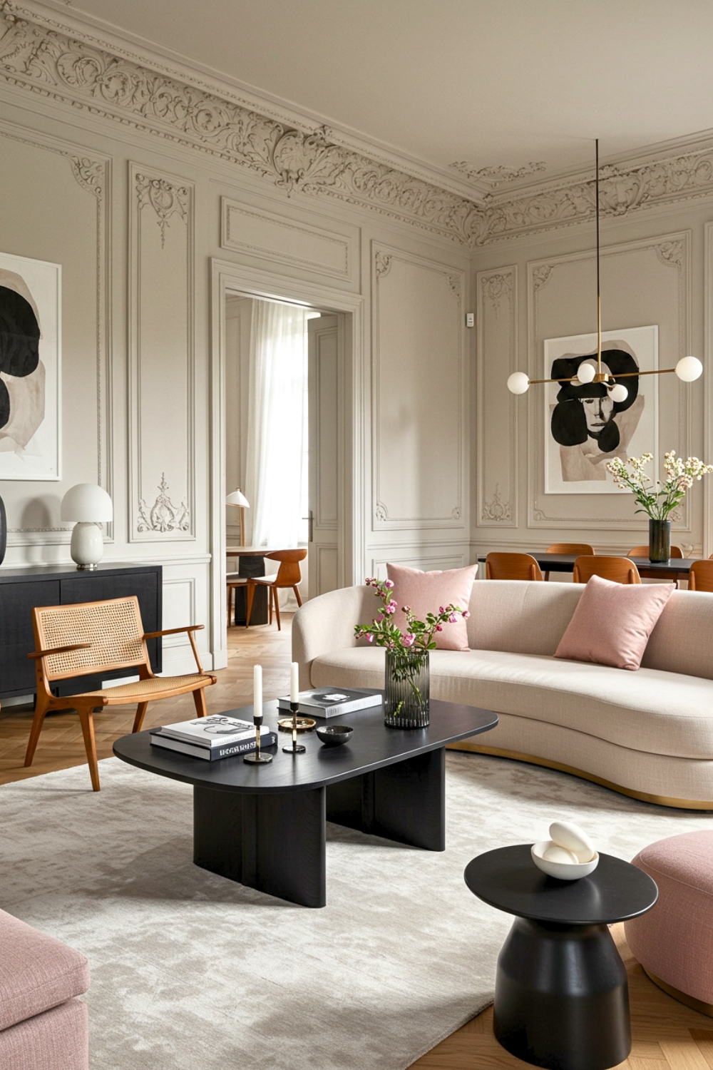 Parisian Living Room With Ceiling Moldings And Wall Panels 