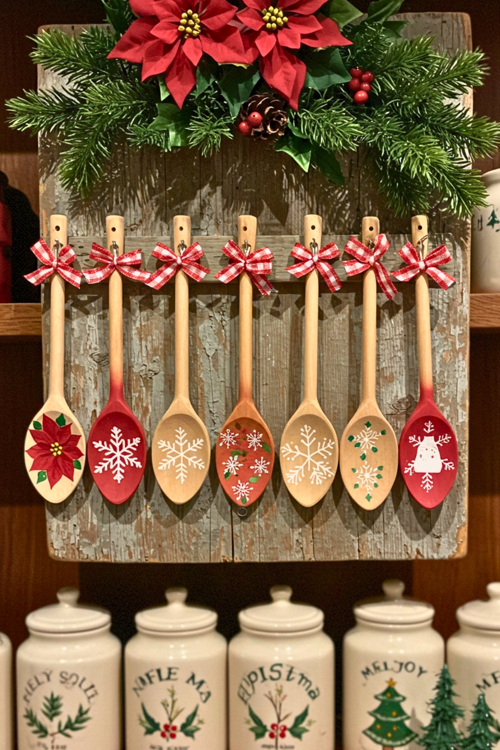 Prompt A Rustic Christmas Display Featuring A Row Of Hand Painted Wooden Spoons