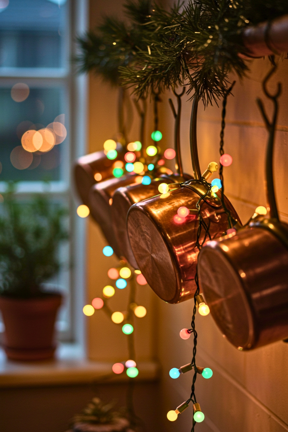 Prompt A Warm Festive Kitchen Scene At Dusk Featuring A Row Of Copper Pots Suspended From A Wooden Rack