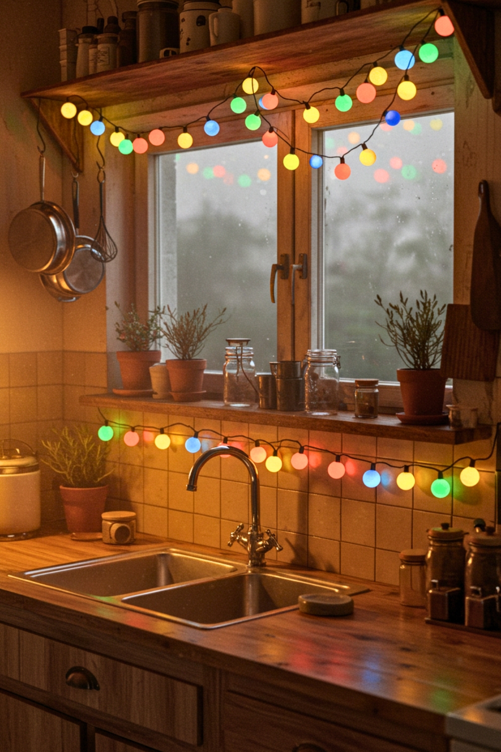 A Warm Festive Kitchen Scene Illuminated By Colorful String Lights