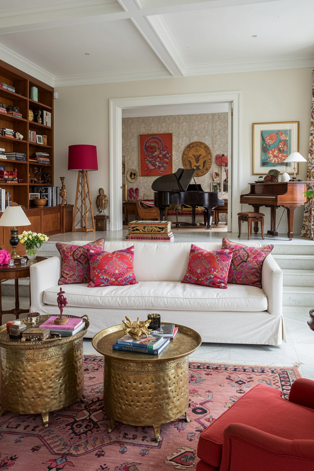 Retro Sunken Living Room With White Sofa And Colorful Patterns 