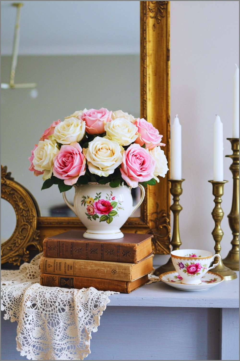 Romantic Vintage Mantel Decor With Pastel Pink And Cream Roses