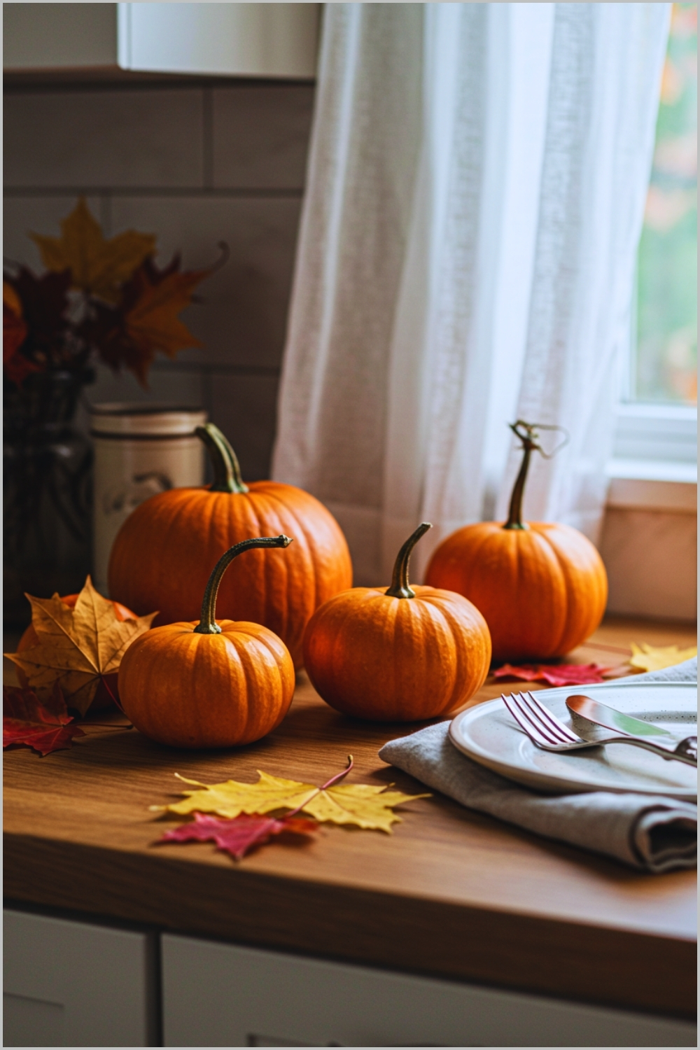 Rustic Autumn Kitchen Scene With Small Decorative Pumpkins On A Wooden