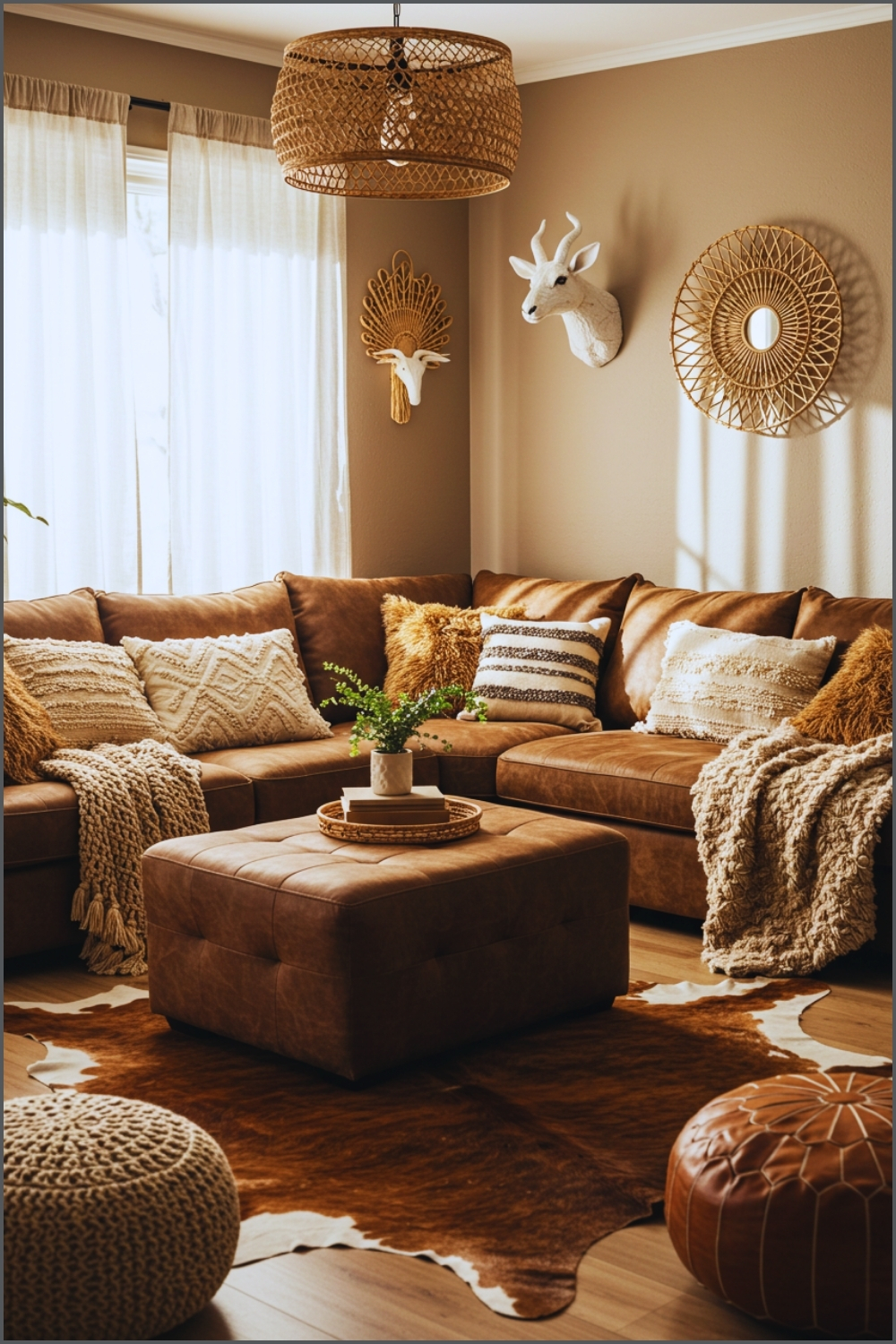 Rustic Bohemian Living Room, Large Sectional Sofa In Earthy Brown Tones