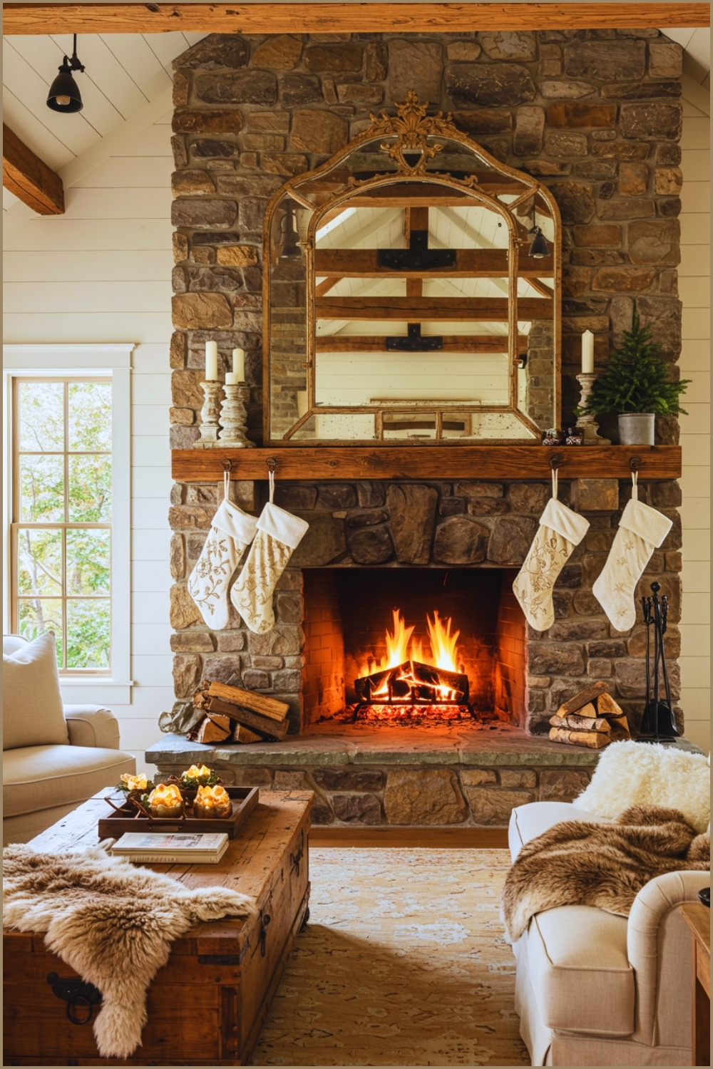 Rustic Cabin Living Room With Large Stone Fireplace, Roaring Fire