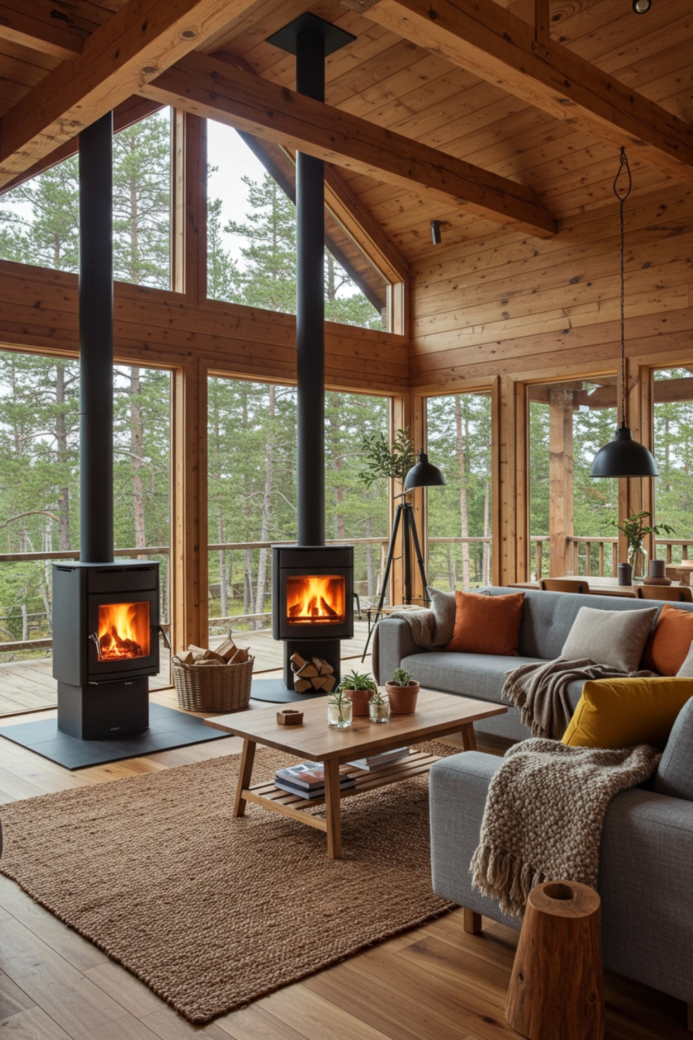 Rustic Cabin Living Room With Wooden Walls And Large Windows 