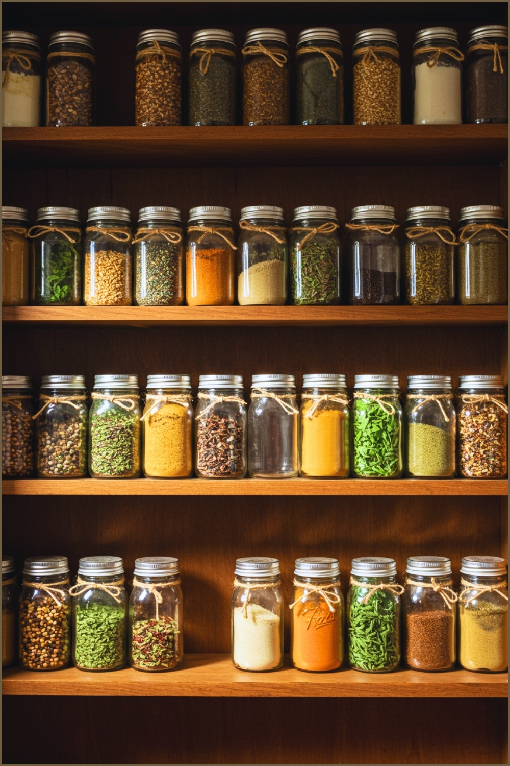 Rustic Cottage Pantry Shelves, Rows Of Glass Jars Filled