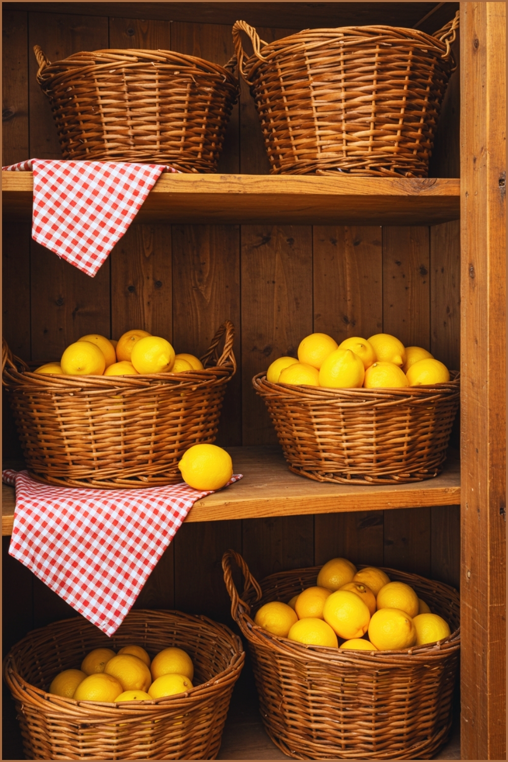 Rustic Cottage Pantry, Woven Wicker Baskets Filled With Fresh Lemons