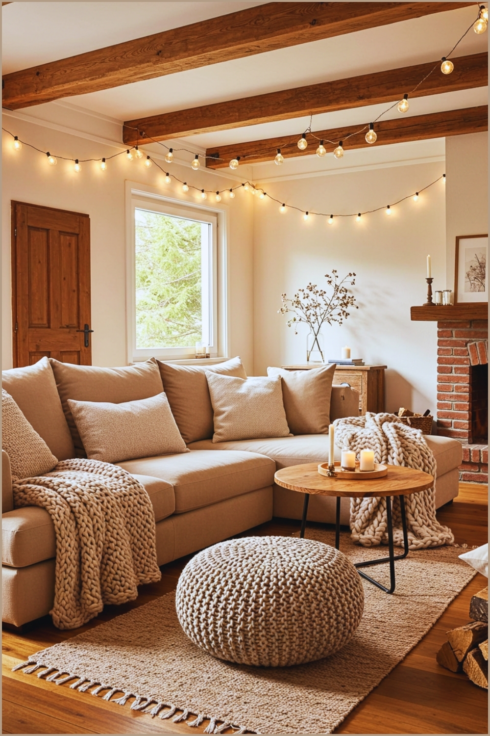 Rustic Cozy Living Room With A Beige Sectional Sofa, Chunky Knit Blankets