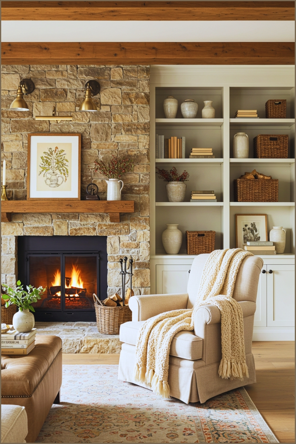 Rustic Cozy Living Room With Stone Fireplace Built In White