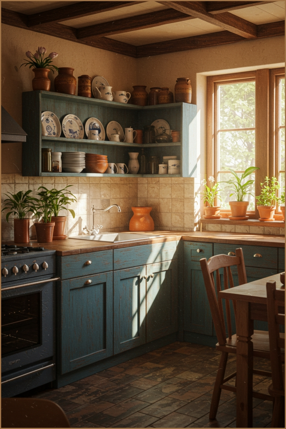 Rustic Farmhouse Kitchen, Distressed Blue Cabinets, Open Shelving With Plates And Pottery