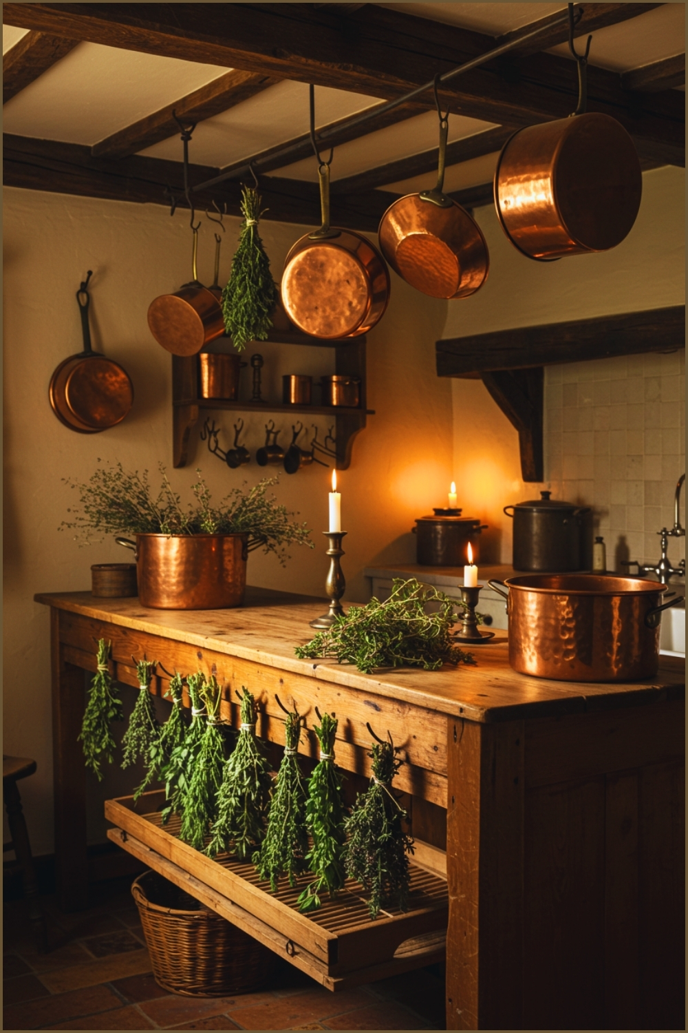 Rustic Farmhouse Kitchen, Hammered Copper Pots Hanging Above Wooden Counter