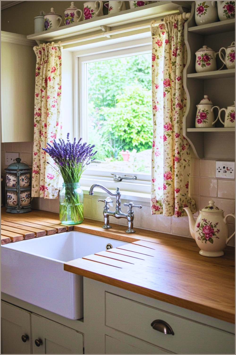 Rustic Farmhouse Kitchen Sink, Small Window With Floral Curtains
