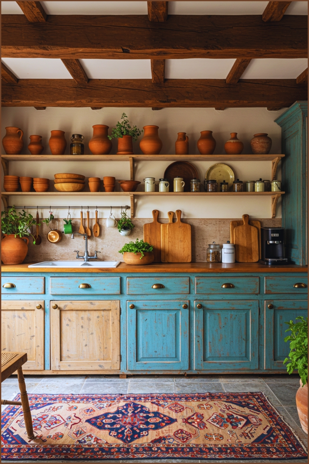 Rustic Farmhouse Kitchen With Exposed Wooden Ceiling Beams