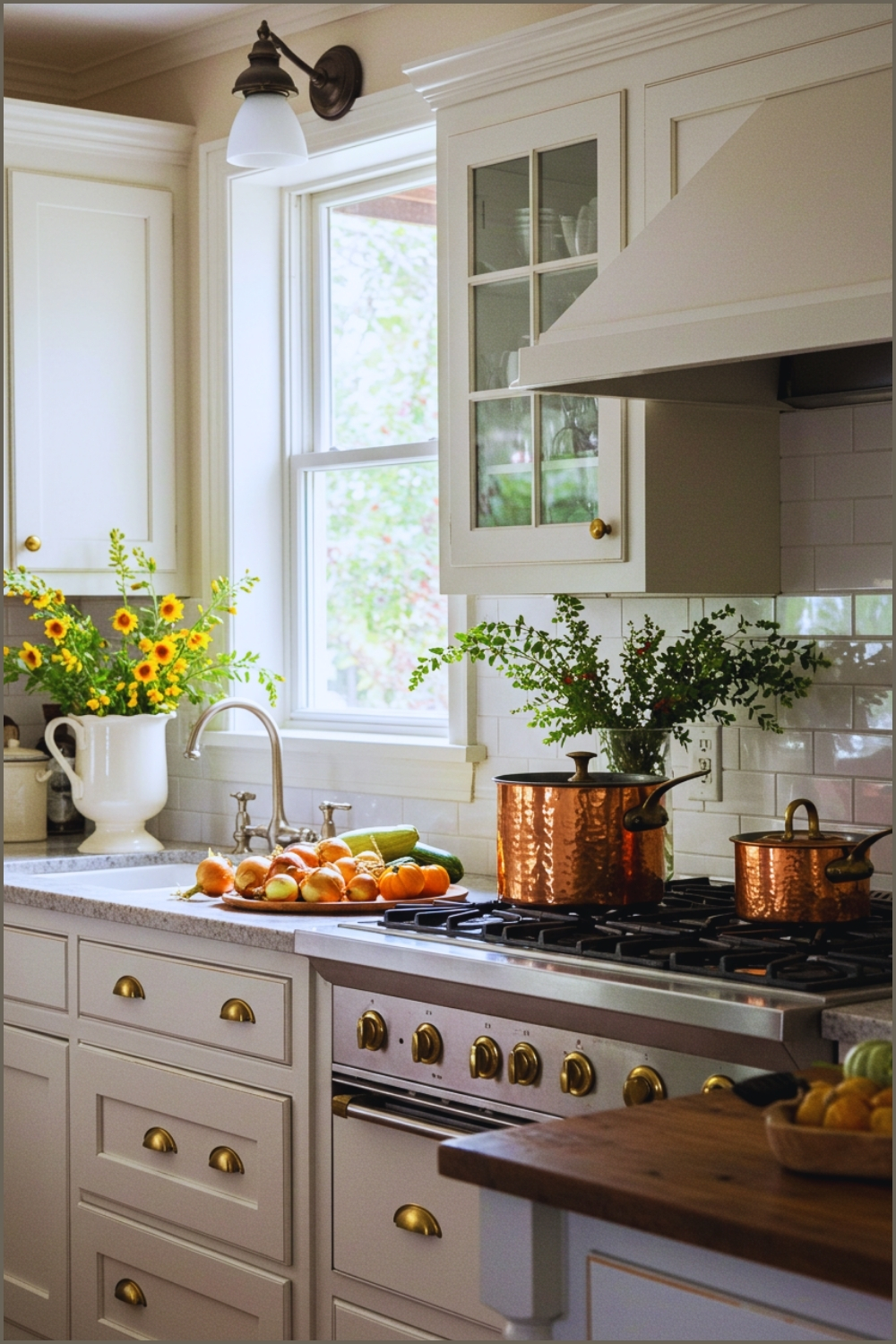 Rustic Farmhouse Kitchen With Hammered Copper Pots And Pans On Wooden
