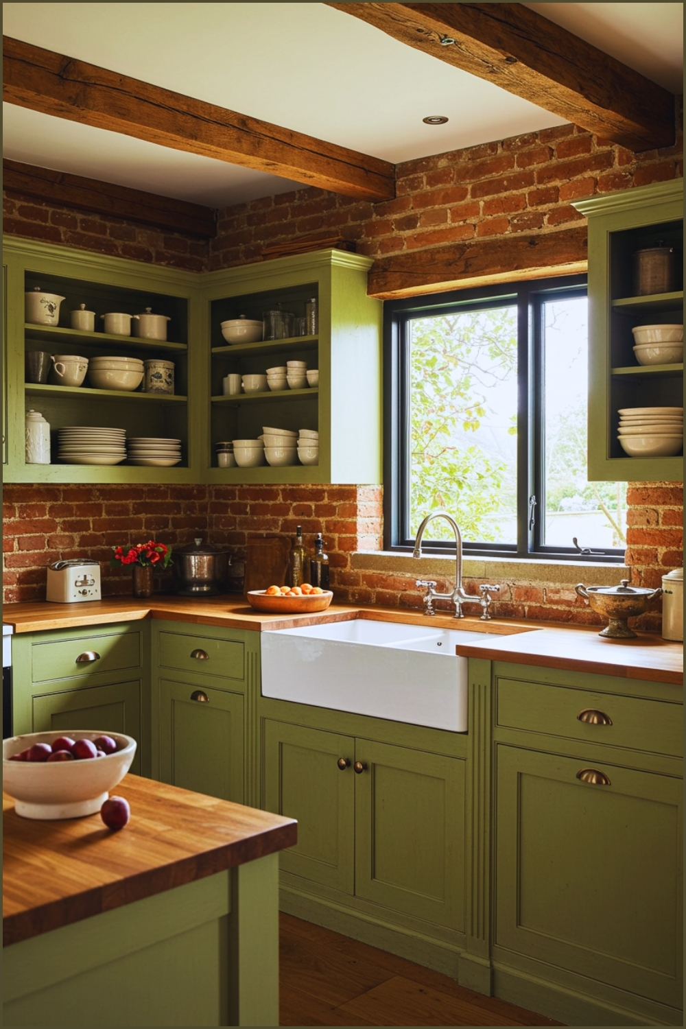 Rustic Farmhouse Kitchen With Olive Green Cabinets Wooden Countertops