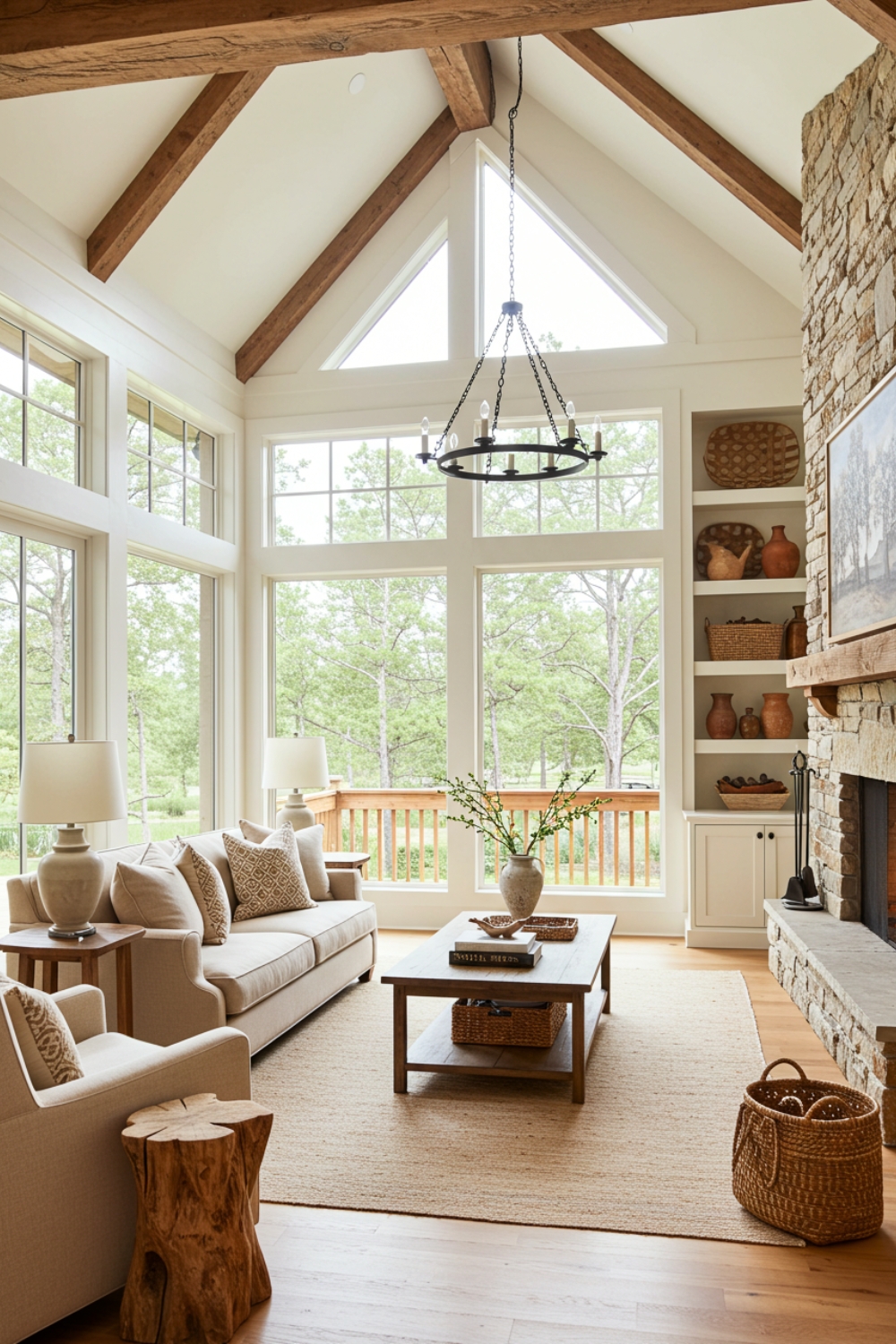Rustic Farmhouse Living Room With Wooden Beams And High Ceiling 